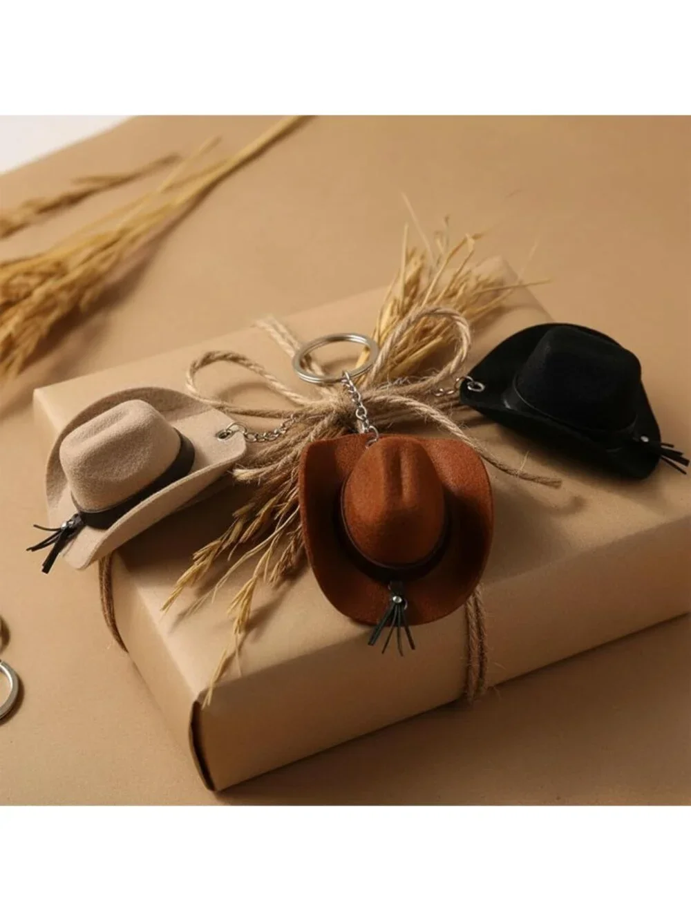 Mini Cowboy Hat Keychain Set - 6 PCS Western Style Tassel Key Rings for Bags